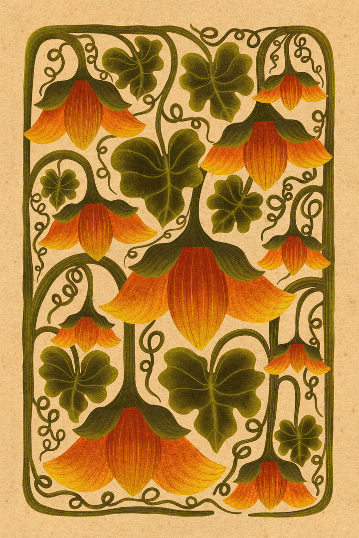 Decorative illustration of orange flowers with green leaves on a beige background