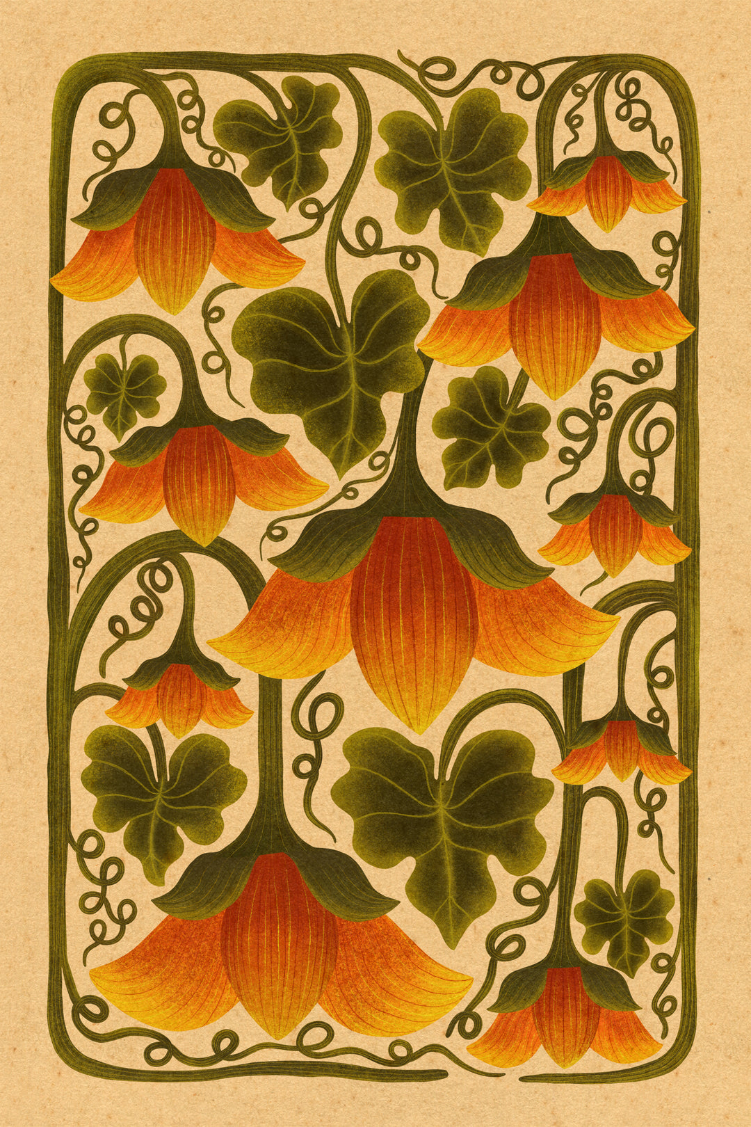 Decorative illustration of orange flowers with green leaves on a beige background