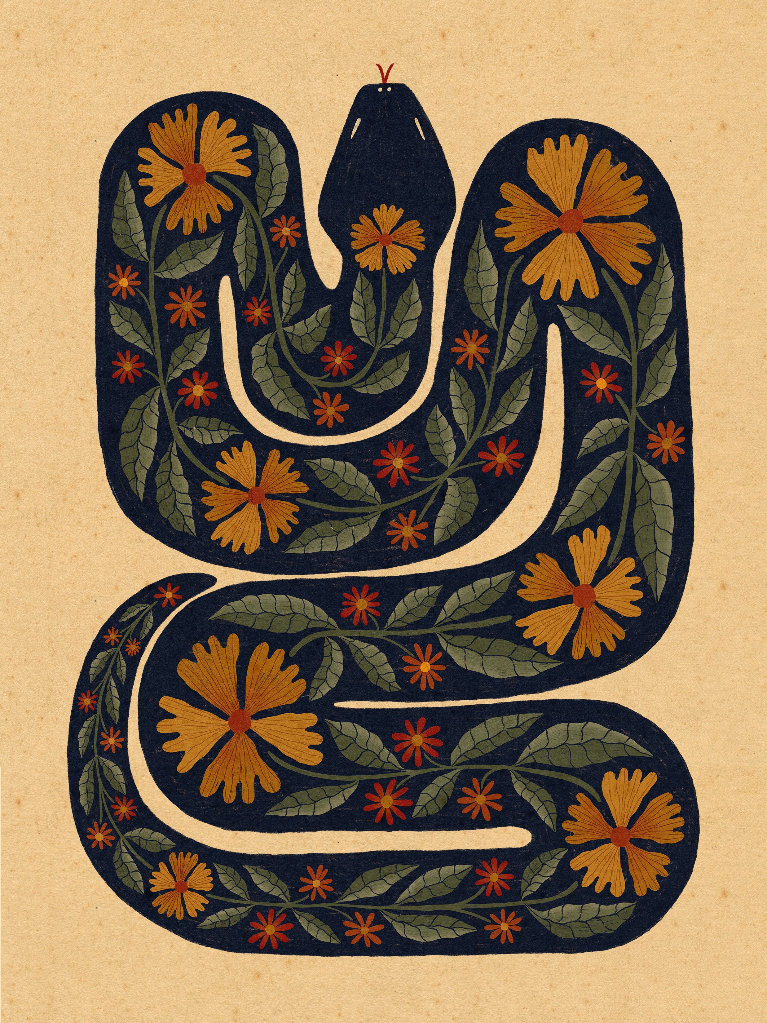 Floral Snake Art Print | Folk Art Snake Illustration | Rebecca