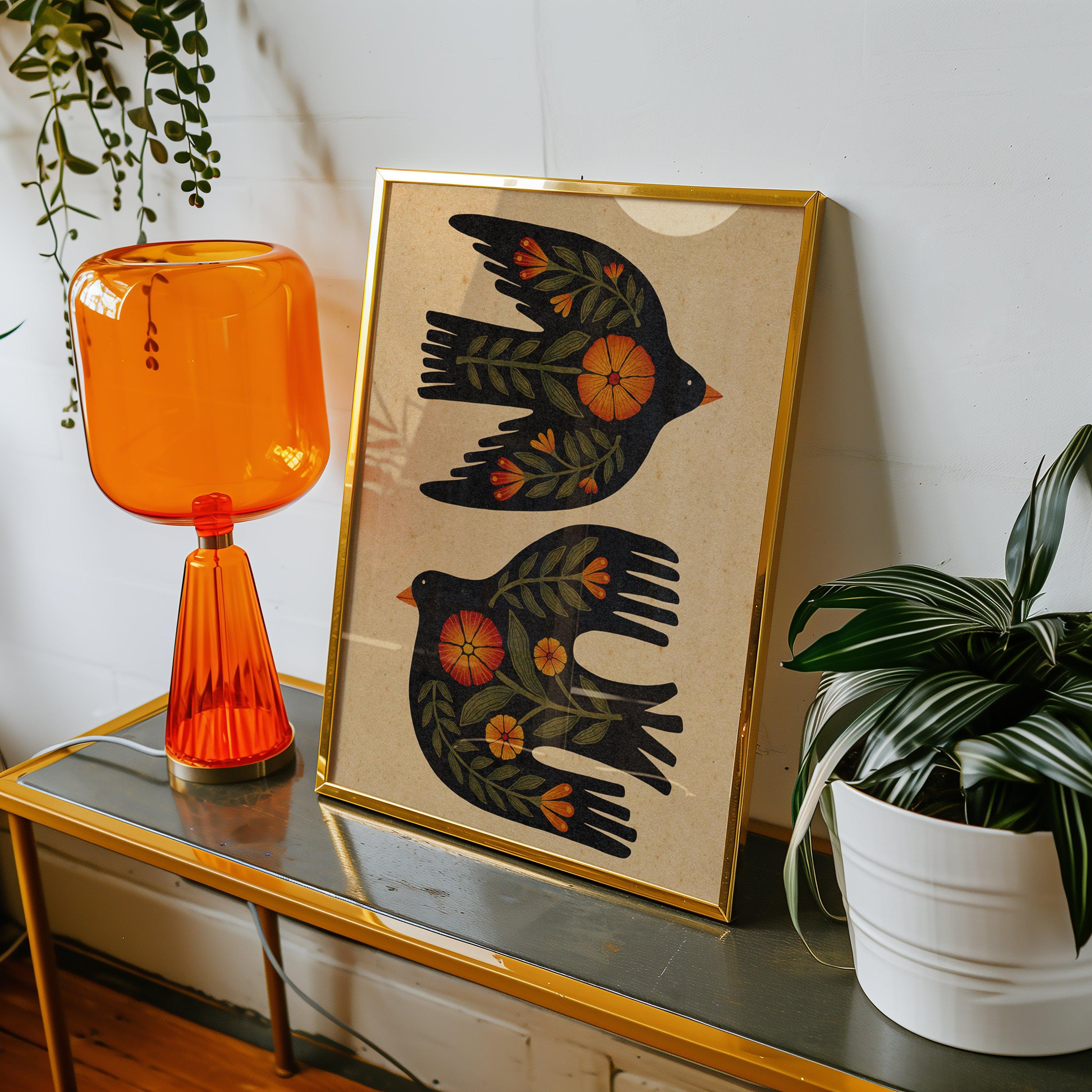 Folk Art Bird Illustration | Blackbirds Art Print | High